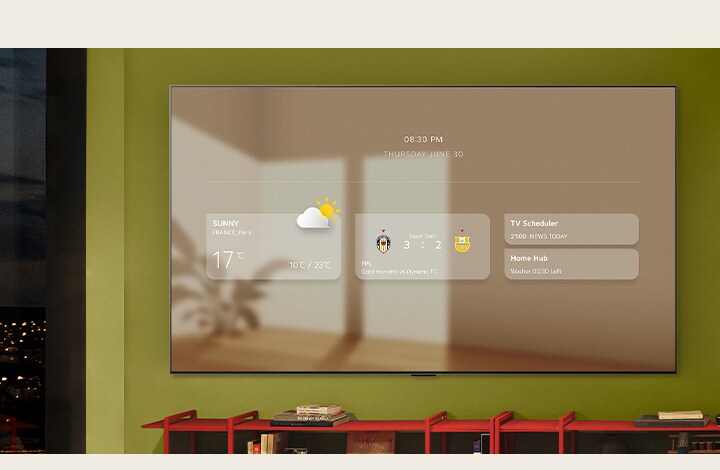 Le panneau d’informations est affiché sur une LG TV fixée au mur. Différentes fonctionnalités sont affichées : mises à jour météo, alertes sportives, programmation de TV, Home Hub et Google Agenda.