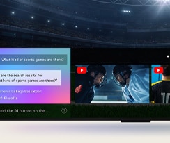 Gros plan sur un téléviseur LG montrant comment AI Search fonctionne. Une petite fenêtre de chat est ouverte, montrant comment l’utilisateur a demandé les jeux de sport disponibles. AI Search a répondu au moyen du chat et en affichant des miniatures du contenu disponible.