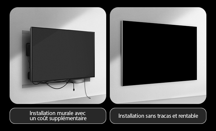 Comparaison côte à côte d’une TV filaire et d’une TV LG True Wireless en matière d’installation. Du côté de la TV filaire, des travaux supplémentaires semblaient être nécessaires pour essayer de cacher tous les autres appareils derrière le téléviseur. La configuration désordonnée et les câbles peuvent toujours être vus à travers les espaces. Lectures d’étiquettes, installation murale avec un coût supplémentaire. Du côté de la True Wireless de LG, la TV est fixée au mur proprement. Aucun câble ou appareil n’est visible. Lectures d’étiquettes, installation sans tracas et sans frais.