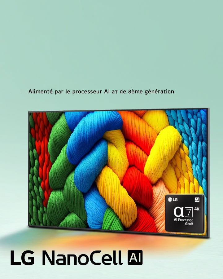 La LG NanoCell TV est légèrement inclinée vers la gauche et représente des fils colorés. Le logo processeur alpha 7 AI 4K est situé dans le coin inférieur droit de la TV. L’arrière-plan est un léger dégradé bleu sarcelle.