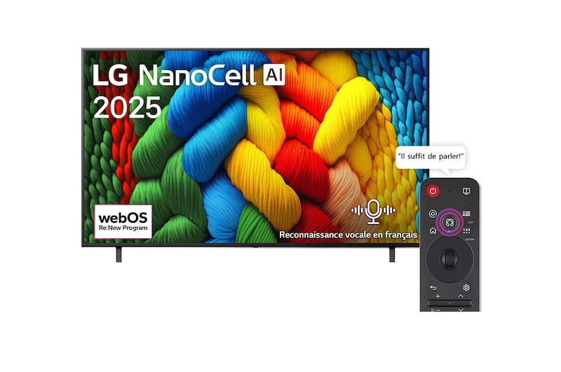 Front view of NanoCell TV, LG NanoCell Al Logo on the top corner. LG NanoCell NANO80 TV depicts colorful paintike textures coming together.