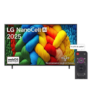 Front view of NanoCell TV, LG NanoCell Al Logo on the top corner. LG NanoCell NANO80 TV depicts colorful paintike textures coming together.