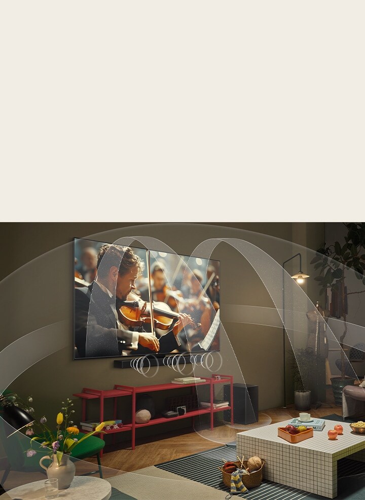 Salon avec une LG OLED TV et une LG Soundbar avec des graphiques représentant la façon dont les deux appareils remplissent l’espace avec un son multi-surround.