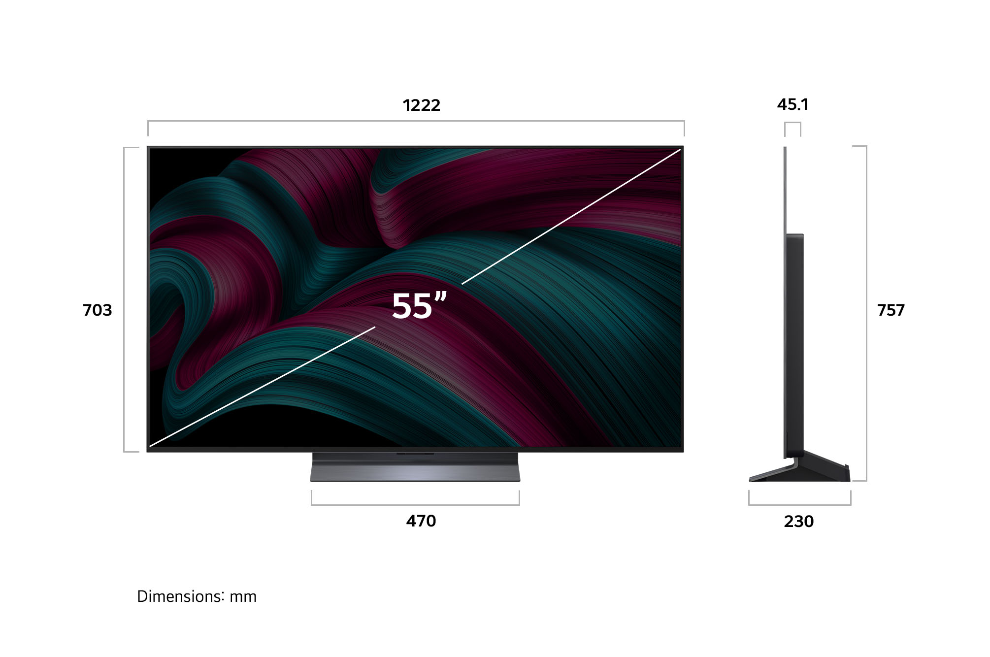 Vue avant et latérale de la Smart TV LG OLED evo AI C5 4K montrant ses dimensions de longueur, largeur, hauteur et profondeur.