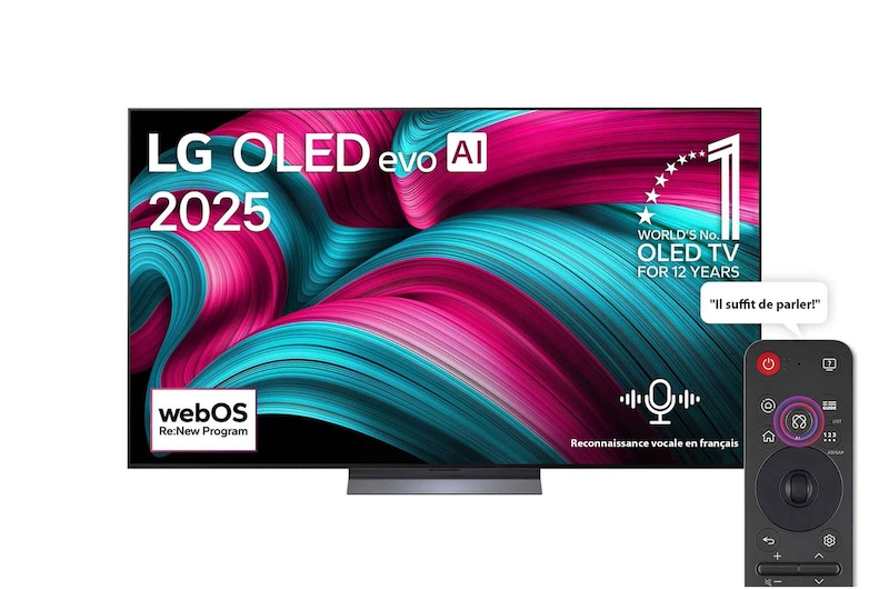 Vue avant de la Smart TV LG OLED evo AI C5 4K. L’emblème OLED numéro 1 dans le monde pendant 12 ans et le logo LG OLED evo AI 2025 sont à l’écran.