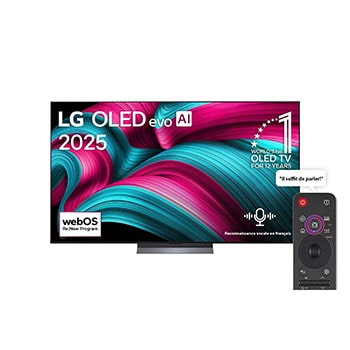 Vue avant de la Smart TV LG OLED evo AI C5 4K. L’emblème OLED numéro 1 dans le monde pendant 12 ans et le logo LG OLED evo AI 2025 sont à l’écran.