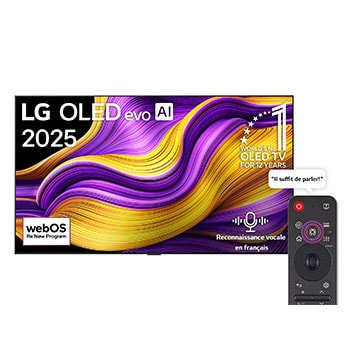 Vue avant de la Smart TV LG OLED evo AI G5 4K. L’emblème OLED numéro 1 dans le monde pendant 12 ans et le logo LG OLED evo AI 2025 sont à l’écran.