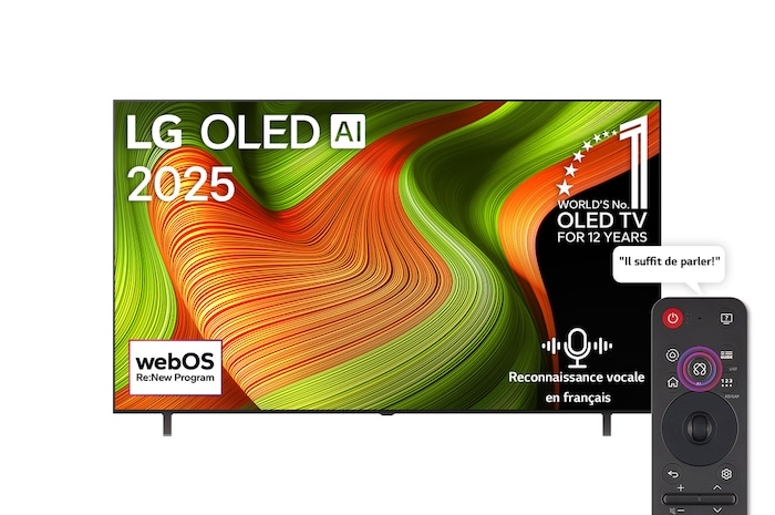 Vue avant de la Smart TV LG OLED AI B5 4K. L’emblème OLED numéro 1 dans le monde pendant 12 ans et le logo LG OLED AI 2025 sont à l’écran.