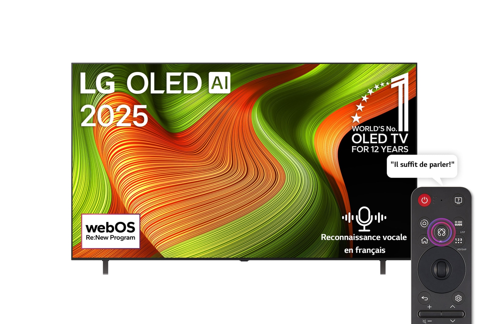 Vue avant de la Smart TV LG OLED AI B5 4K. L’emblème OLED numéro 1 dans le monde pendant 12 ans et le logo LG OLED AI 2025 sont à l’écran.