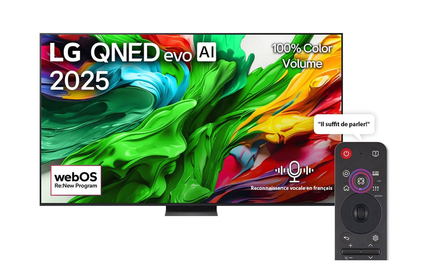 Front view of LG QNED evo QNED85 TV, LG QNED evo Al Logo on the top corner. LG QNED evo QNED85 TV depicts colorful paintike textures coming together.