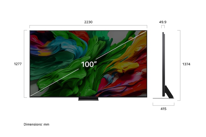 Front view and side view of LG QNED evo AI QNED85 4K Smart TV showing its length, width, height, and depth dimensions.