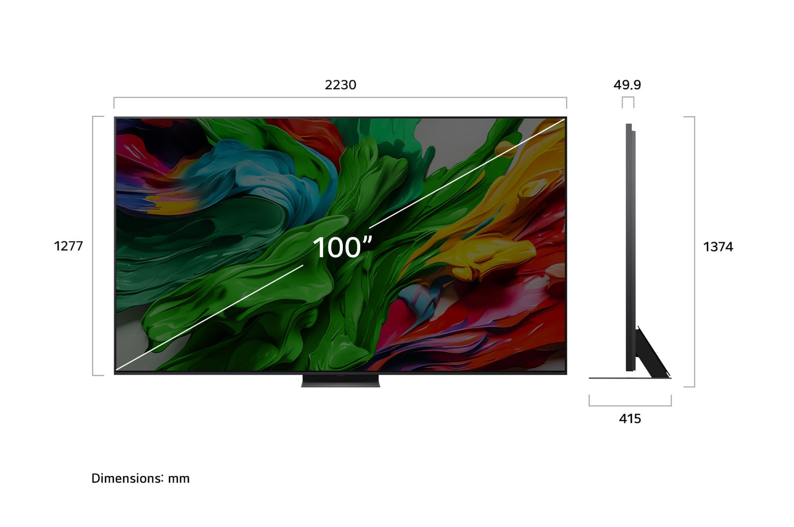 Front view and side view of LG QNED evo AI QNED85 4K Smart TV showing its length, width, height, and depth dimensions.