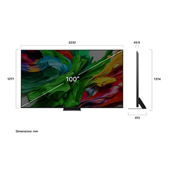 Front view and side view of LG QNED evo AI QNED85 4K Smart TV showing its length, width, height, and depth dimensions.