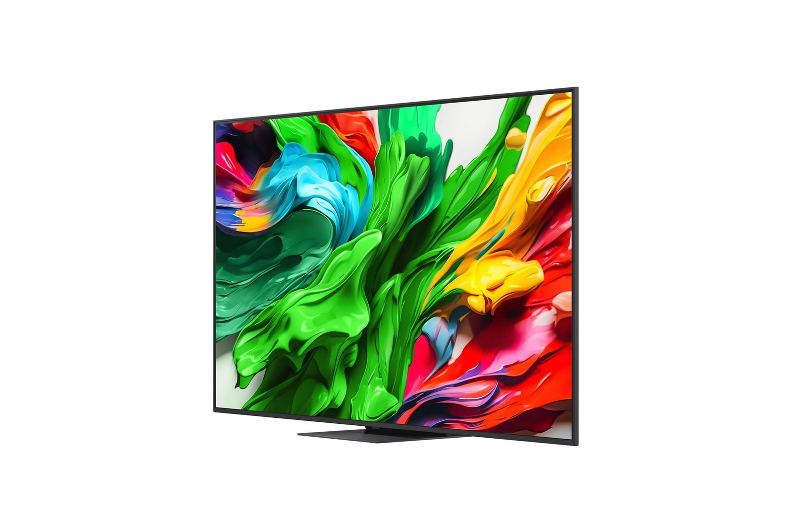 Front view and side view of LG QNED evo AI QNED85 4K Smart TV showing its length, width, height, and depth dimensions.