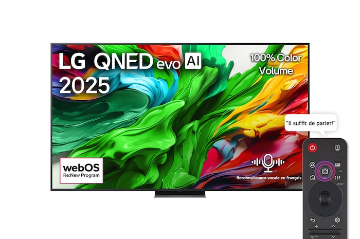 Front view of LG QNED evo QNED85 TV, LG QNED evo Al Logo on the top corner. LG QNED evo QNED85 TV depicts colorful paintike textures coming together.