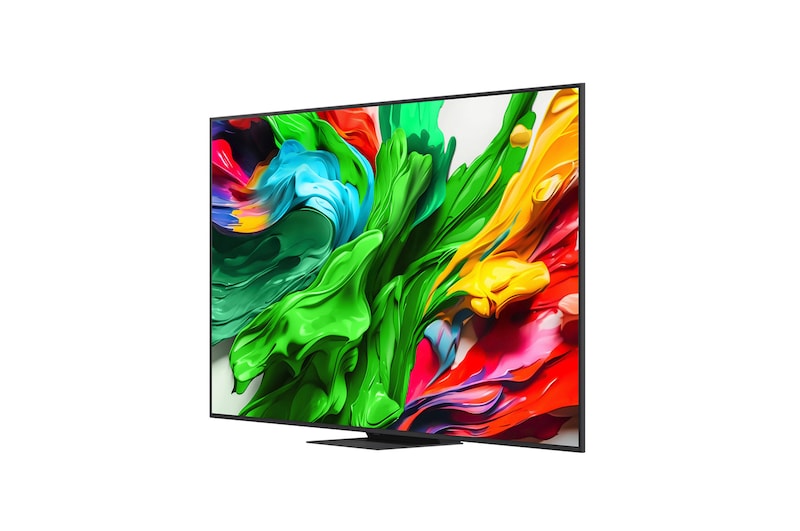 Front view and side view of LG QNED evo AI QNED85 4K Smart TV showing its length, width, height, and depth dimensions.