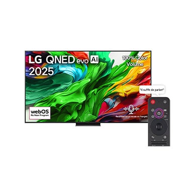 Front view of LG QNED evo QNED85 TV, LG QNED evo Al Logo on the top corner. LG QNED evo QNED85 TV depicts colorful paintike textures coming together.