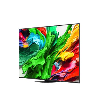 Front view and side view of LG QNED evo AI QNED85 4K Smart TV showing its length, width, height, and depth dimensions.