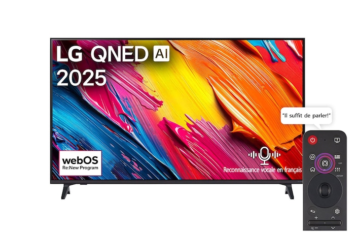 Vue avant de la LG QNED70 TV, logo LG QNED Al, dans le coin supérieur. La LG QNED TV représente des textures colorées semblables à de la peinture, réunies.
