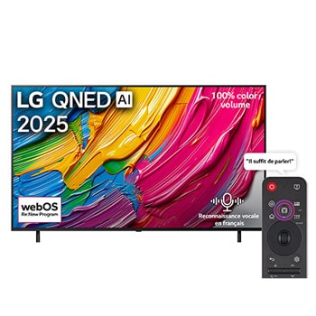 Vue avant de la LG QNED80 TV, logo LG QNED Al, dans le coin supérieur. La LG QNED TV représente des textures colorées semblables à de la peinture, réunies.