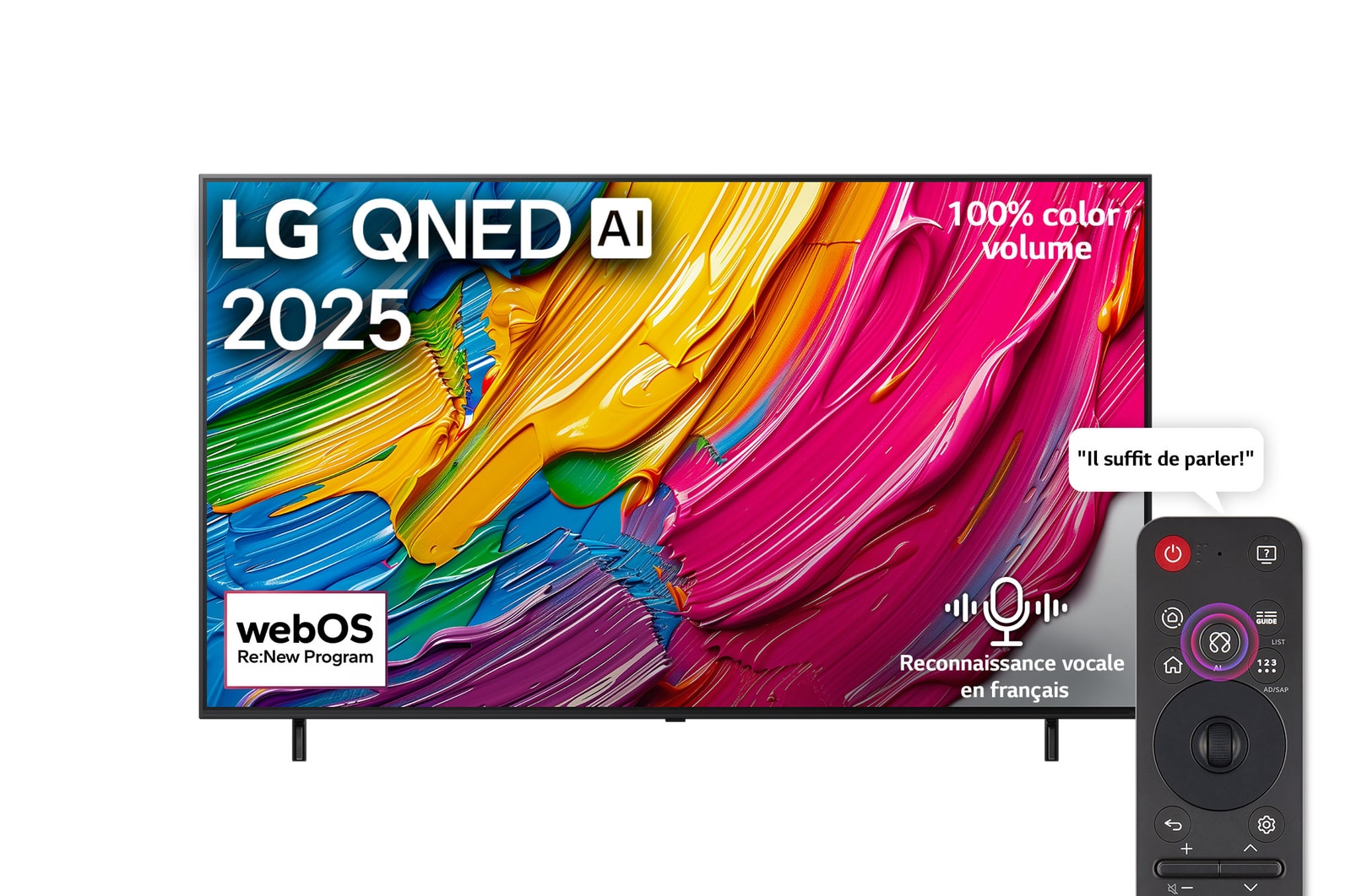 Vue avant de la LG QNED80 TV, logo LG QNED Al, dans le coin supérieur. La LG QNED TV représente des textures colorées semblables à de la peinture, réunies.