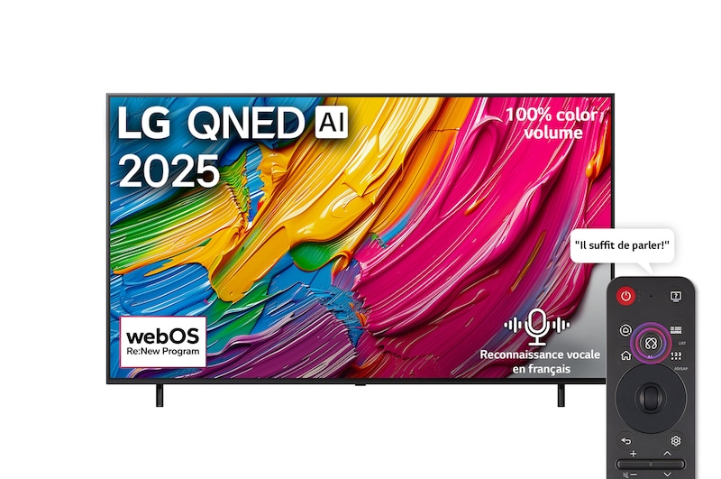 Vue avant de la LG QNED80 TV, logo LG QNED Al, dans le coin supérieur. La LG QNED TV représente des textures colorées semblables à de la peinture, réunies.