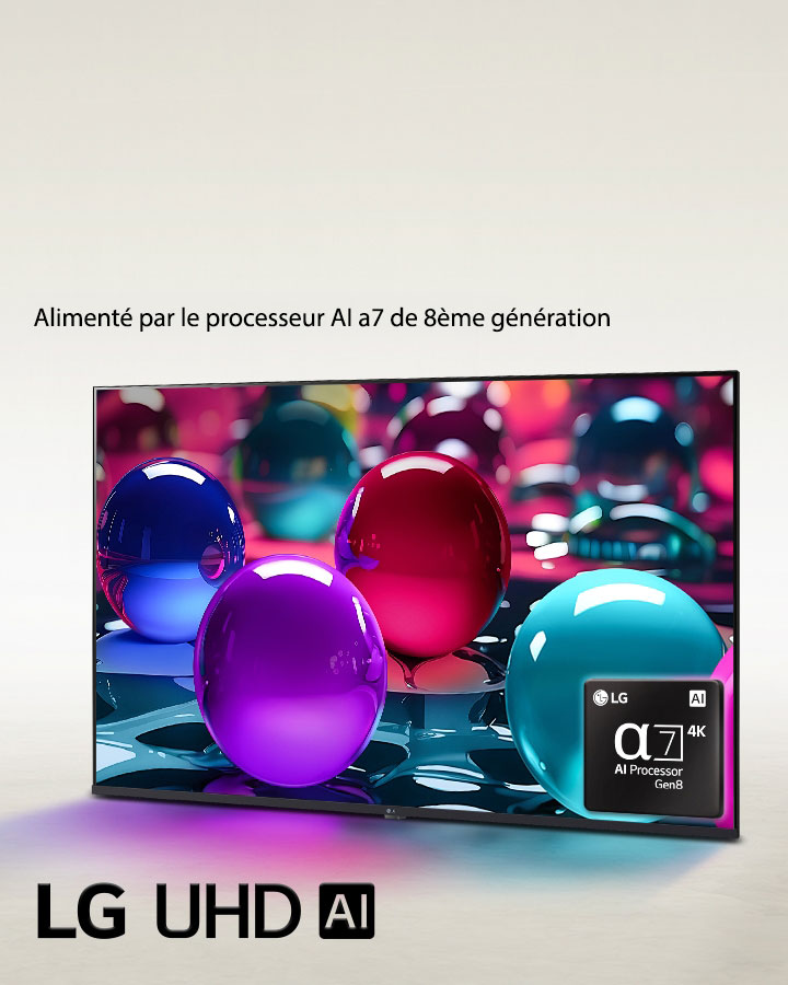 La LG UHD TV est légèrement inclinée vers la gauche et représente des marbres colorés placés dans différentes couleurs, rose, bleu et violet. Le logo processeur alpha 7 AI 4K est situé dans le coin inférieur droit de la TV. Le logo du LG UHD AI se trouve dans le coin en bas à gauche. Le texte est également visible, alimenté par le processeur IA alpha LG.