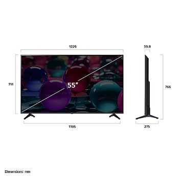 Vue avant et latérale de la Smart TV LG UHD AI UA73 4K montrant ses dimensions de longueur, largeur, hauteur et profondeur.