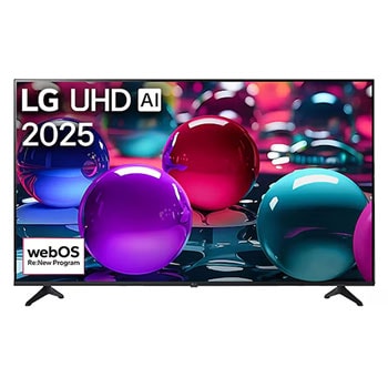 Vue avant d’une TV UHD UA73, logo LG UHD Al dans le coin supérieur. La LG UHD TV représente des textures colorées semblables à de la peinture, réunies.