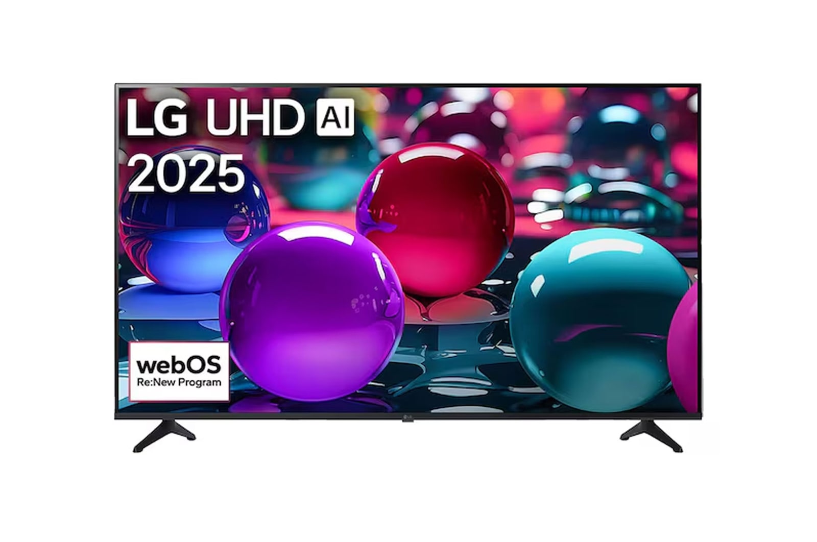 Vue avant d’une TV UHD UA73, logo LG UHD Al dans le coin supérieur. La LG UHD TV représente des textures colorées semblables à de la peinture, réunies.