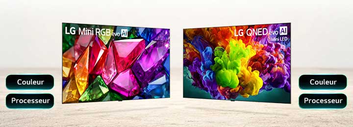 LG Mini RGB evo met en valeur une performance colorimétrique raffinée grâce à des visuels vifs et cristallins, à côté d'une liste de points forts clés incluant la couleur et le processeur pour une qualité d'image détaillée et précise. LG QNED evo Mini LED met en valeur sa qualité d'image avec un volume de couleurs étendu grâce à des visuels éclatants, dignes d'une peinture, en plus de ses atouts majeurs, notamment la couleur et le processeur, pour un visionnage immersif sur grand écran.