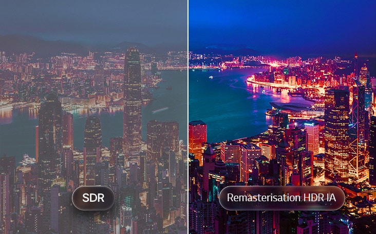 LG TV avec AI HDR remastering est affichée dans une comparaison de paysages urbains divisés, avec le SDR à gauche et l'AI HDR remastering à droite, affichant des lumières de ville plus lumineuses, un contraste plus profond et des détails plus vifs sur toute la scène.