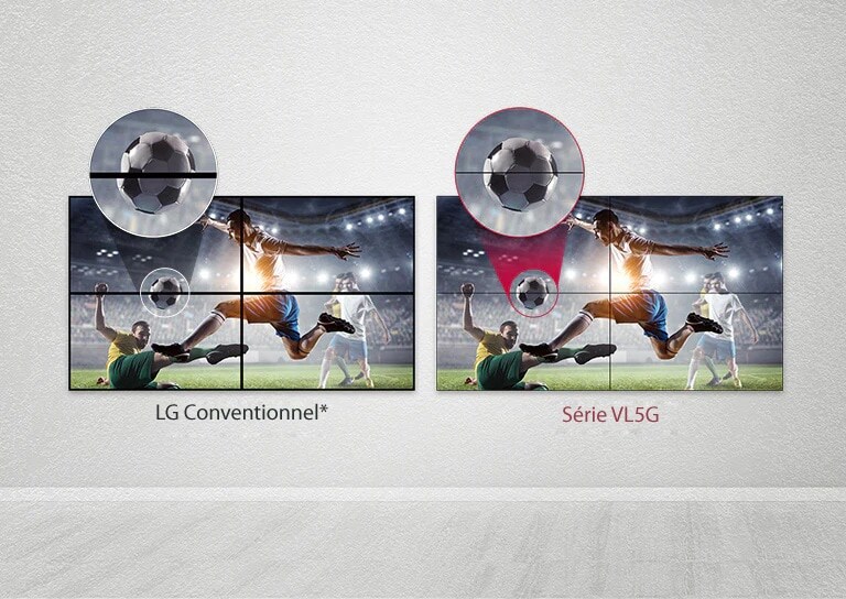 La série VL5G affiche moins de vide d’image entre les écrans en mosaïque par rapport au LG Conventionnel, ce qui rend son contenu bien visible sans être gêné par le vide.