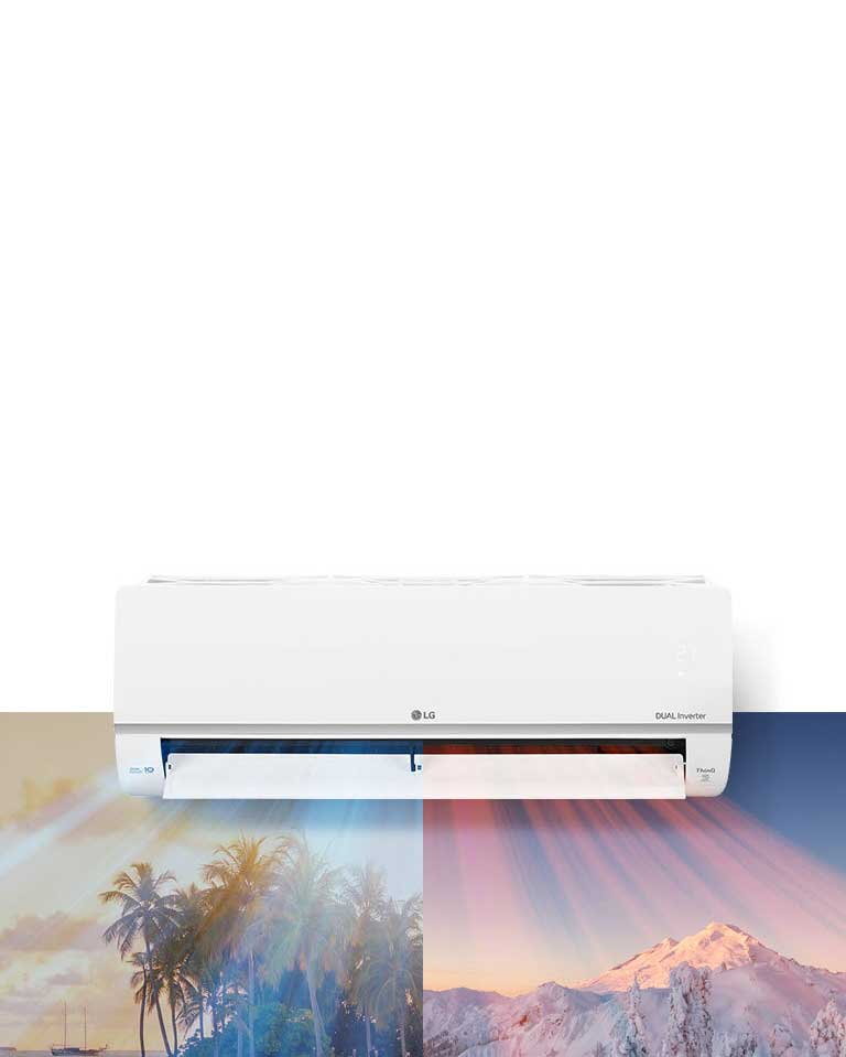 Climatiseur LG Dual Inverter, souffle de l'air froid sur une plage tropicale et de l'air chaud sur une montagne enneigée.