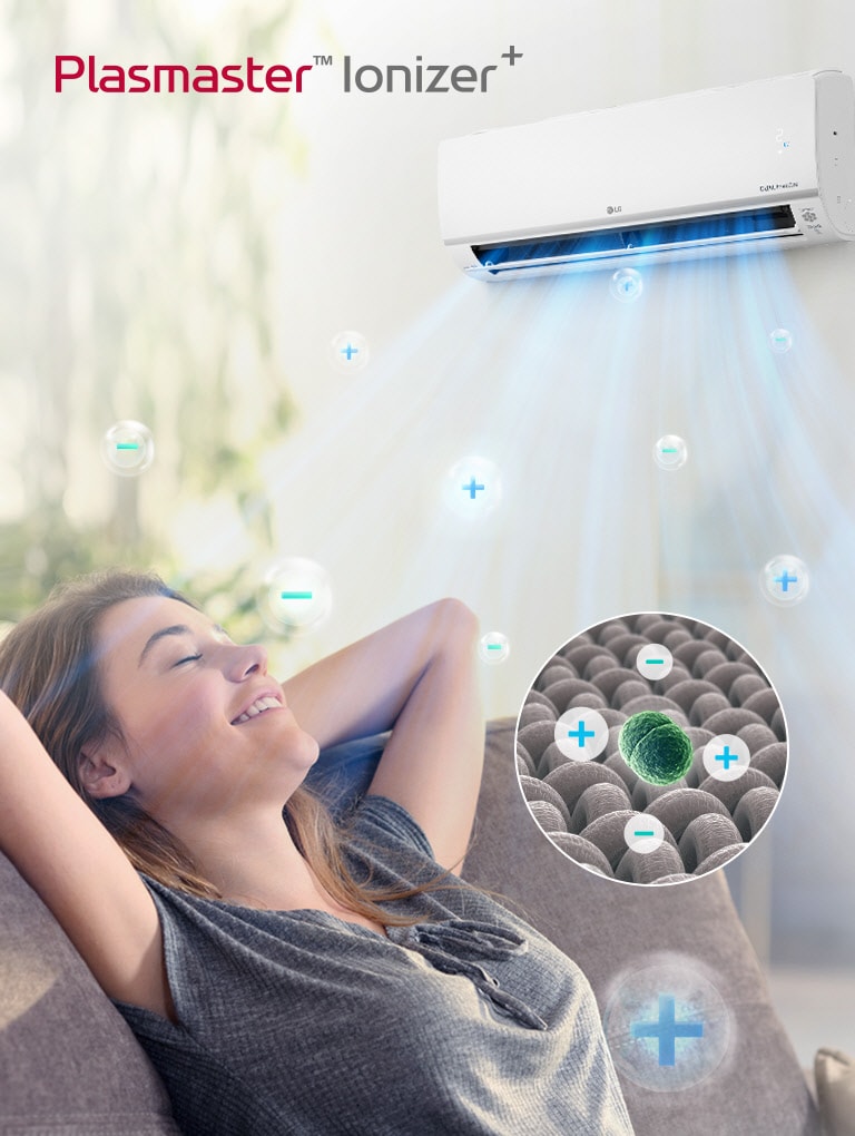 Femme détendue sur un canapé sous un climatiseur LG, bénéficiant de l'air purifié par la technologie ioniseur Plasmaster+.