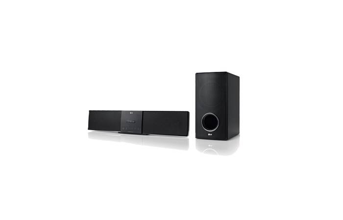 LG DVD Soundbar avec une puissance de 300W (2.1Ch), Wall-mount, Caisson de basses sans fil, 1080P Full HD up-scaling, USB Direct Recording, HLT35W