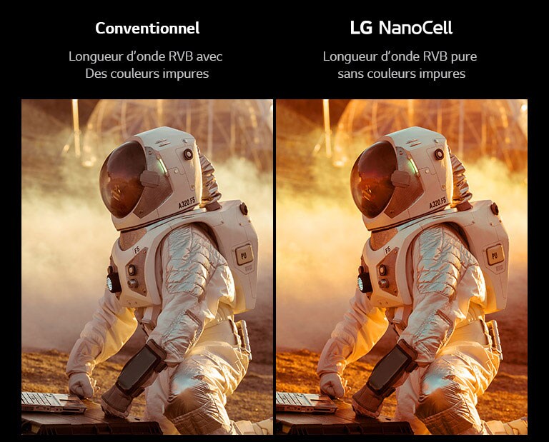 Téléviseur NanoCell dans un salon plongé dans la pénombre. Scène de film diffusée sur l’écran. La technologie NanoCell est illustrée par une amélioration de l’image en dessous du téléviseur.