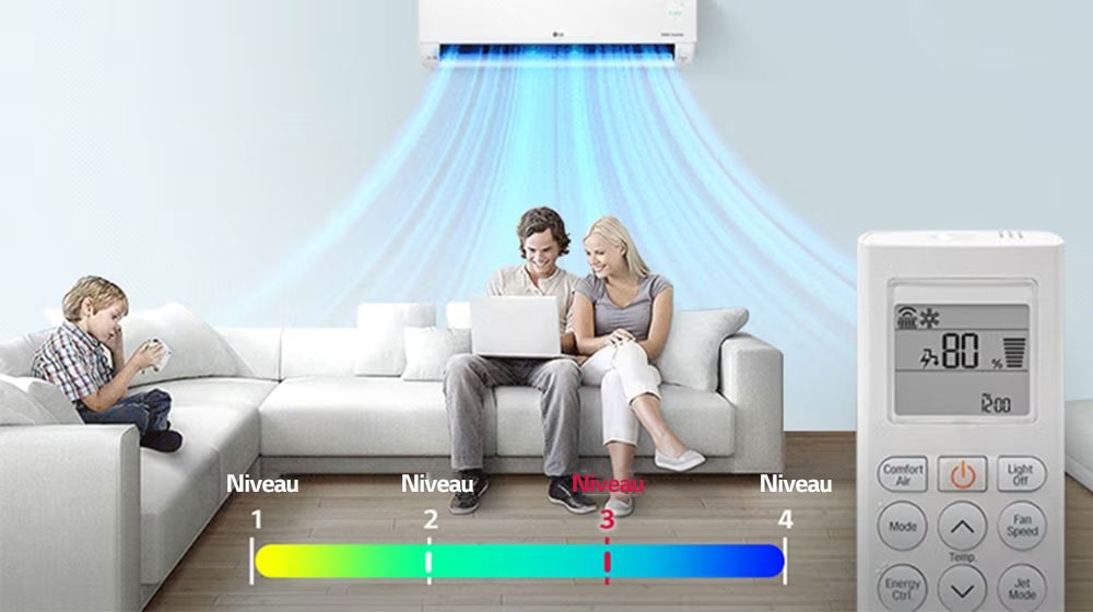 Une famille est assise sur un canapé et profite de la fraîcheur de l’air conditionné.