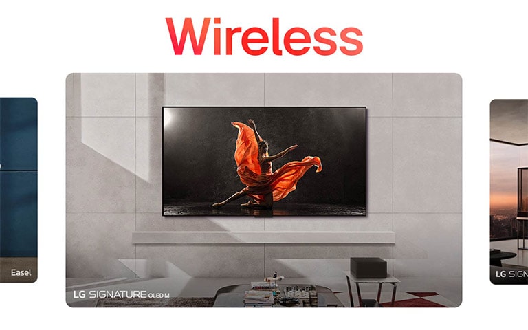 Eine Auswahl von LG TVs rotiert in der folgenden Reihenfolge: LG Signature OLED M, LG Signature OLED T, LG OLED Flex, LG StandbyME, LG StandbyME GO, LG Posé und LG Easel. Alle Markenlogos sind in der unteren linken Ecke jedes Bildes eingebettet.