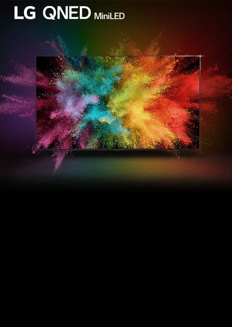 Un LG QNED dans une pièce sombre. Les poudres colorées créent une explosion de couleurs arc-en-ciel sur le téléviseur.