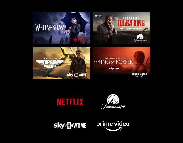 On voit un poster des séries Wednesday de Netflix et The Rings of Power de Prime Video.