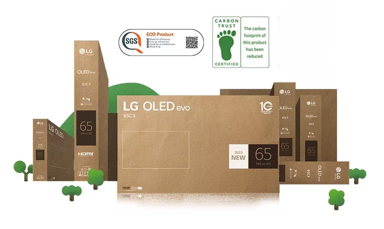 Emballage écologique en carton LG OLED représenté autour d’arbres et de montagnes animés.