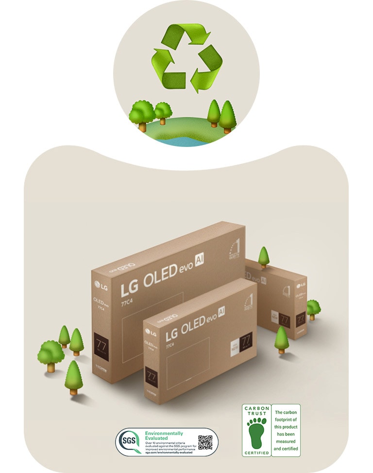 Emballage LG OLED sur un fond beige avec des arbres illustrés.