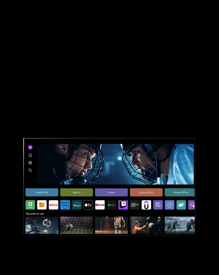 Un écran de téléviseur LG présente l’affichage de My Profile. Dans le tiers supérieur, une bannière pour Tangible Wonders. Au bas de la bannière, les boutons suivants s’affichent : Home Hub, Sports, Game, Accessibility, Home Office. Au bas de la bannière, les logos suivants s’affichent : LG Channels, Netflix, Prime Video, Disney+, Apple TV, YouTube, Spotify, Twitch, GeForce Now et Udemy. Sous les logos, 5 vignettes de films s’affichent sous le texte « Top picks for you » (Meilleures sélections pour vous). Un curseur clique sur l’initiale « S » en haut à gauche. Un menu déroulant d’un compte LG s’ouvre et cinq noms s’affichent. Le curseur clique sur un deuxième nom au moment où les vignettes et le contenu recommandé à l’écran changent.