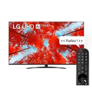 Vue avant du téléviseur UHD de LG avec image de remplissage et logo du produit