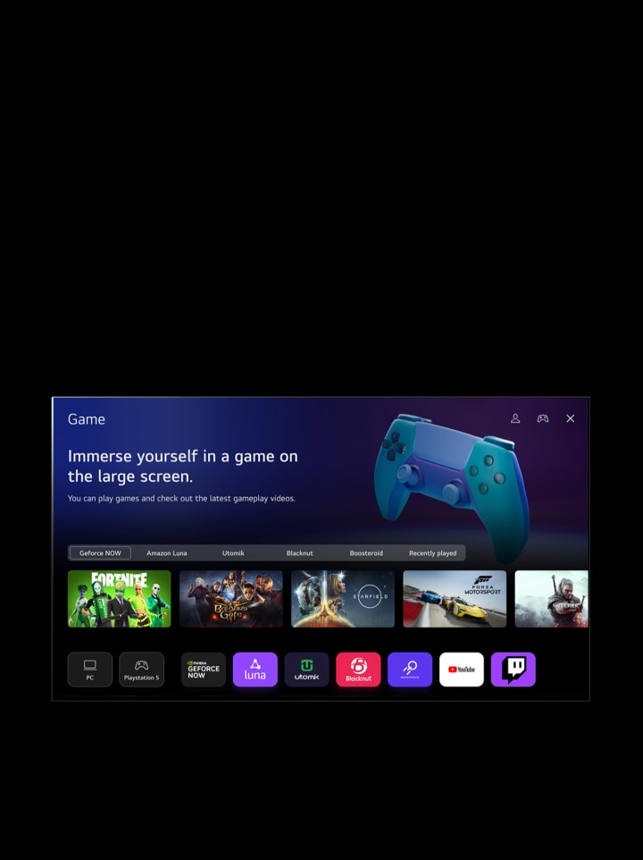 Un écran LG TV montre Mon profil. Dans le tiers supérieur, une bannière pour Tangible Wonders. Sous la bannière, les boutons suivants sont affichés : Home Hub, Sports, Jeu, Accessibilité, Bureau à domicile. Sous les boutons, les logos suivants sont affichés : LG Channels, Netflix, Prime Video, Disney+, Apple TV, YouTube, Spotify, Twitch, GeForce Now et Udemy. Sous les logos, 5 vignettes de films sont affichés sous le texte « Meilleures sélections pour vous ». Un curseur clique sur l’initiale « S » dans le coin en haut à gauche. Un menu déroulant Compte LG s’ouvre et cinq noms sont affichés. Le curseur clique sur le deuxième nom tandis que les vignettes et contenus recommandés à l’écran changent.	