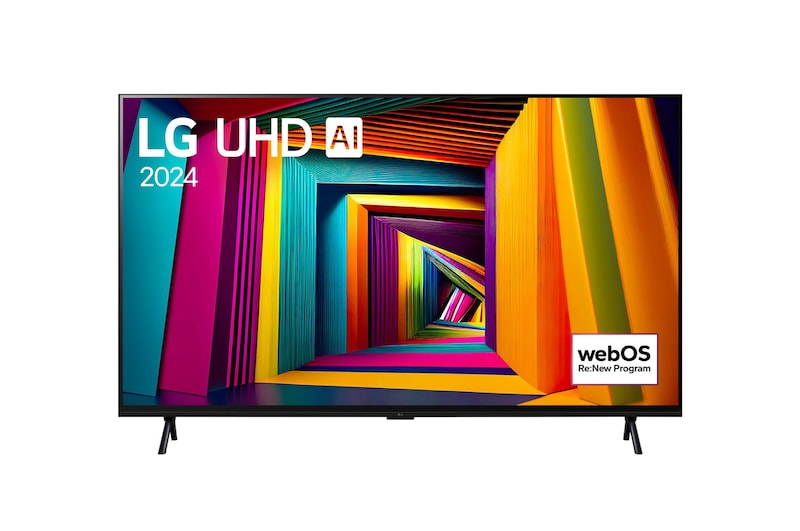Vue de face de la TV LG UHD 98UT90 avec le texte LG UHD AI, 2024 et le logo webOS Re:New Program à l’écran.