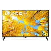 Vue avant du téléviseur UHD de LG avec image de remplissage et logo du produit