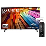 Vue de face du téléviseur LG UHD, UT80 avec le texte LG UHD AI ThinQ, 2024 et le logo webOS Re:New Program à l’écran.