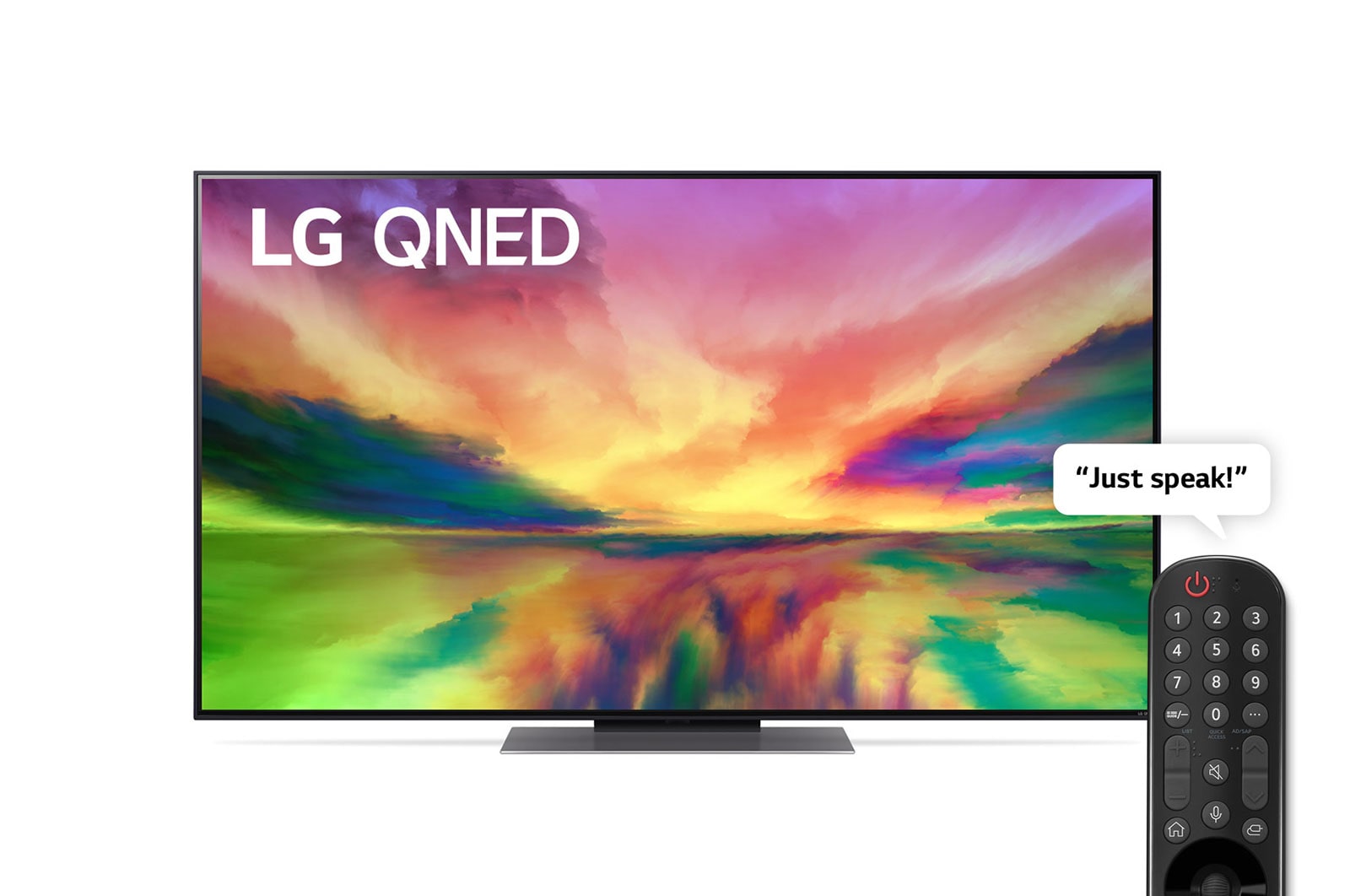 Vue avant du téléviseur QNED de LG avec image de remplissage et logo du produit